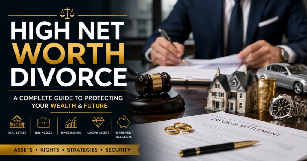 High net worth divorce concept with luxury home, legal documents, judge's gavel, luxury watch, cash, and financial assets