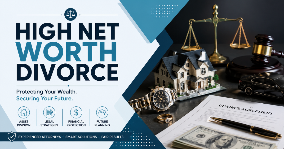 High net worth divorce concept with luxury home, legal documents, judge's gavel, luxury watch, cash, and financial assets