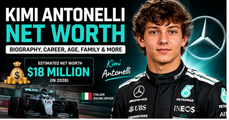 Kimi Antonelli net worth 2026 with Mercedes Formula 1 driver portrait and racing background